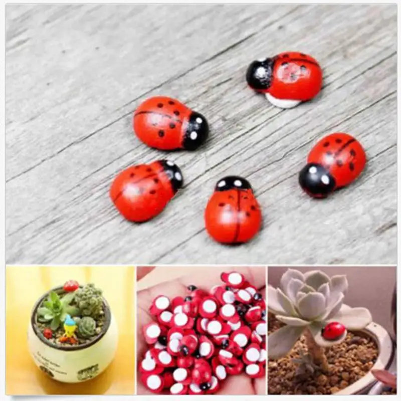 10Pcs/Lot Mini Ladybug Beetles Garden Ornaments Scenery Micro Wooden Manual Craft For Home Flower Pot Decoration Figurines