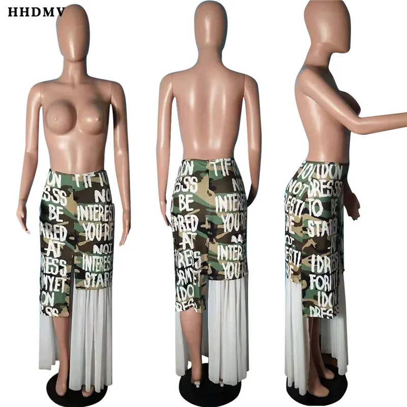 HHDMV GARM18026, модная уличная длинная юбка в стиле хип-хоп, высокая талия, застежка-молния, соединяющаяся вместе, кружевная камуфляжная длинная юбка с буквами