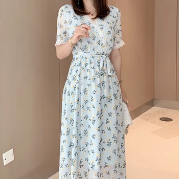 

Runway Bohemian Retro Print Floral Lace Stitching Sexy V-Neck Short Sleeve Elegant Temperament Mid-Length Dress Women'S Clothing