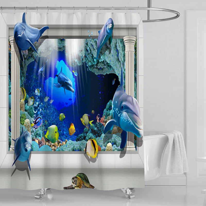 Ocean Dolphin Deep Sea Polyester Shower Curtain Bathroom Waterproof With 12 Hooks Bath Mat Set