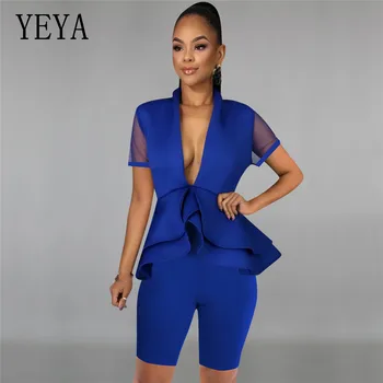 

YEYA Sexy V Neck Mesh Short Sleeve Ruffles T-Shirt+Shorts Suit Women Two Piece Set Business Suit Summer Work Wear Outfits