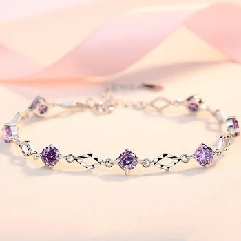 

925 Pure Silver Bracelet Student Girl Korean Style Purple Crystal Simple Zircon Mounting Fine Jewelry Present For Valentine Day