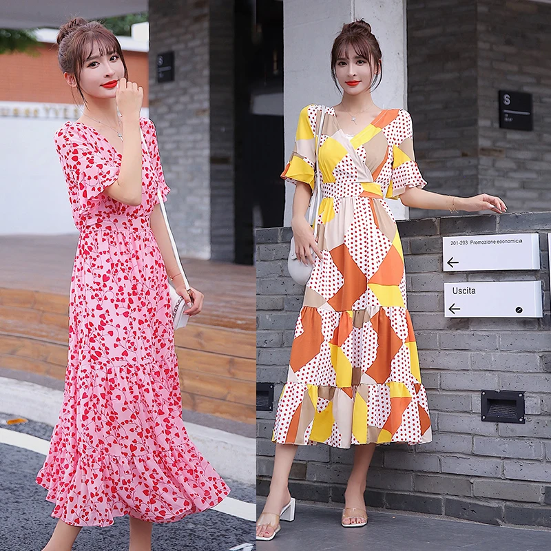 

5 Color Long Floral Chiffon Women Dress Summer 2022 Runway Elegant Vintage Korean Party Dress Boho Tropical Beach Vacation Dress