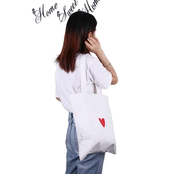 

Simple Women Girl Canvas Love Heart Printed Shoulder Bag Reusable Shopping Bags School Shoulder Bag Shopping Handbag