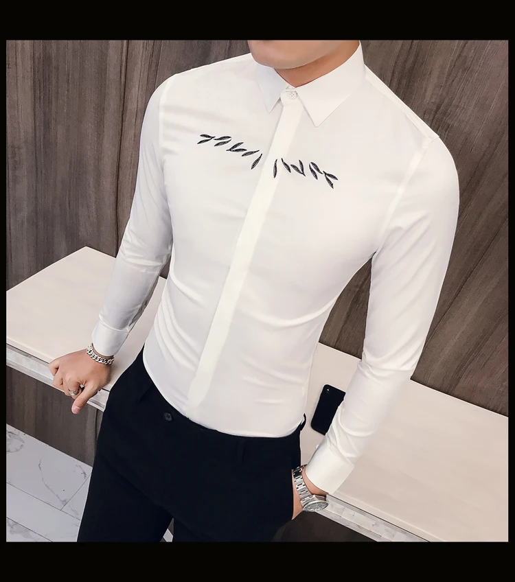 Camisa masculina, новинка, мужская рубашка с длинными рукавами, простые Универсальные мужские повседневные рубашки с вышивкой, приталенная рубашка, платье-смокинг