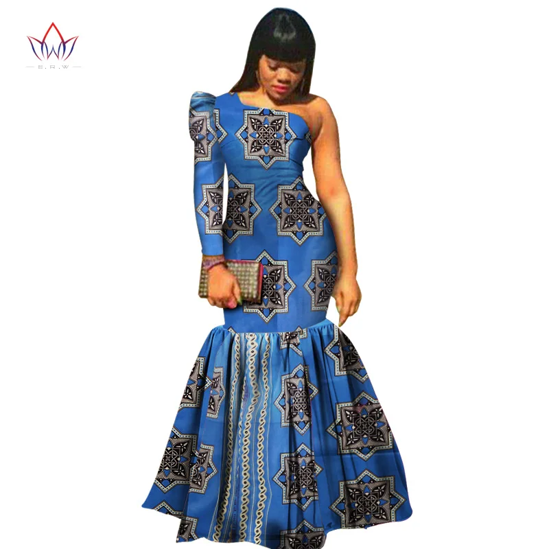 Летнее платье, африканская ткань, платья с принтом, на одно плечо, с длинным рукавом, платье русалки, макси платье, женское, плюс размер, одежда 6XL, WY346 - Цвет: 12