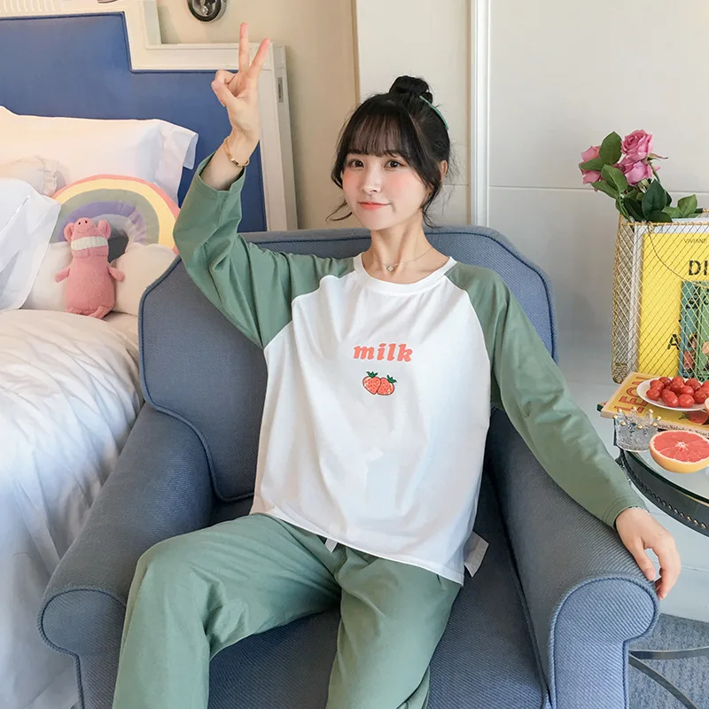 

Pajamas Women's Spring And Autumn Pure Cotton Long Sleeve Korean-style GIRL'S Two-Piece Set Cute Lettered Strawberry-Outer Wear