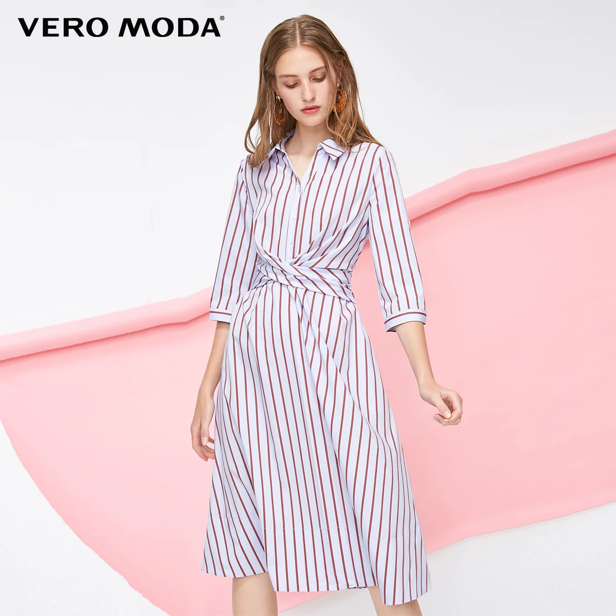 Vero Moda Новая женская рубашка воротник 3/4 рукава Талия слоистый дизайн платье в полоску | 3183SZ503