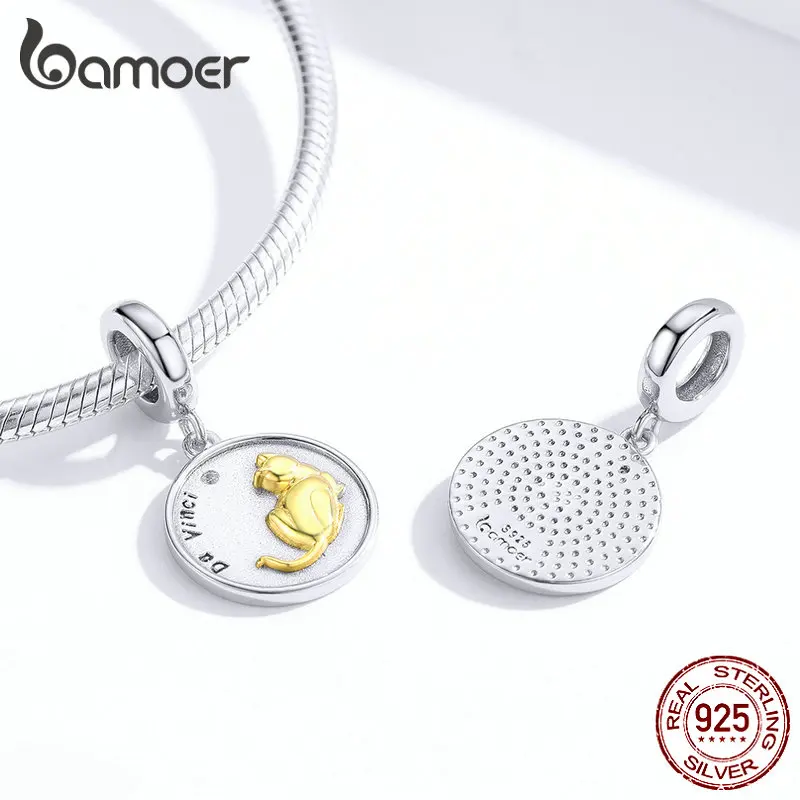 Bamoer 925 пробы серебряный милый кот круглый подвесной амулет подходит 925 браслет для женщин да Винчи модное ювелирное изделие SCC1386