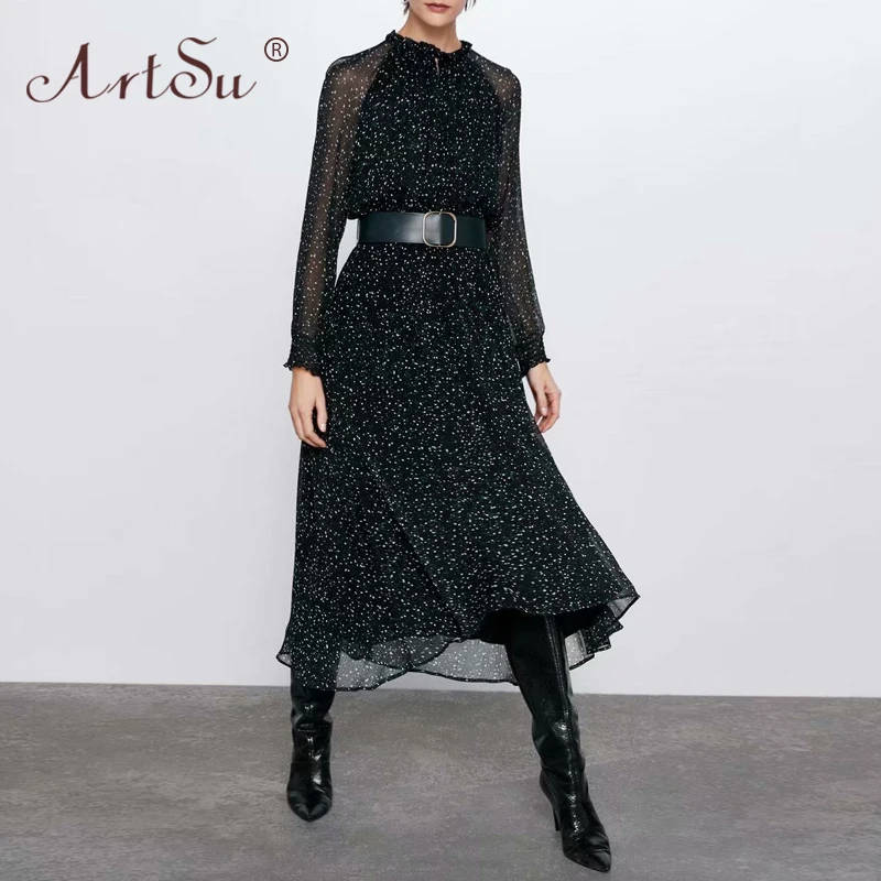 Женское шифоновое платье макси в горошек с длинным рукавом и поясом|Платья| |