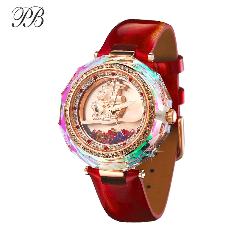PB Princess Butterfly clock Бренд Зыбучие Пески и Парусный Циферблат часы женские наручные Кристалл Роскошный Цвет Радуги Кварц Кожа
