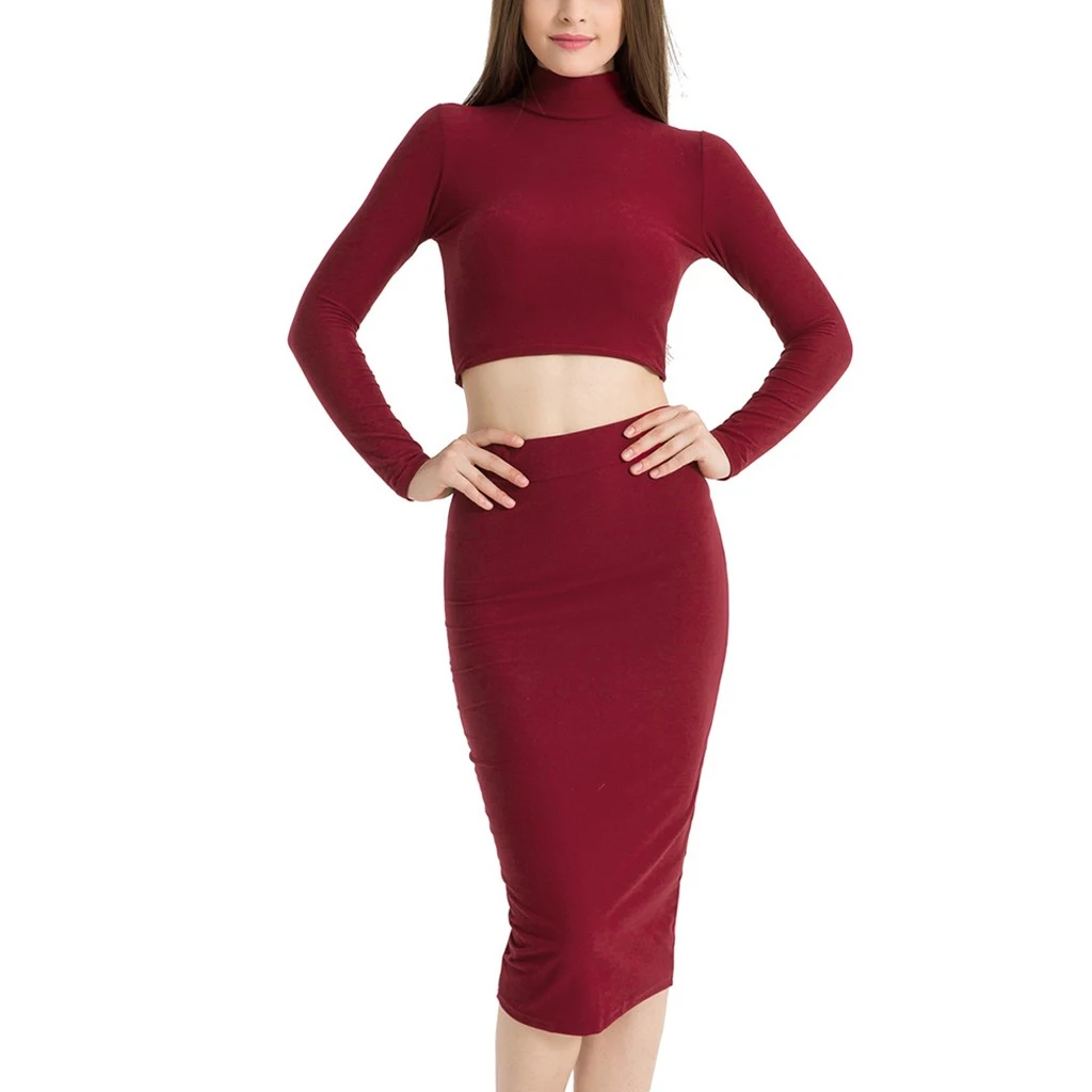 RD New Mid-Calf Dress Women Autumn O-Neck High Collar Long Sleeve Solid Sexy Two-Piece Tops And Skirt Suit Girl Ladies 729 - Цвет: RD