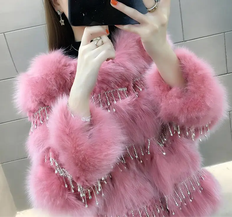 ZDFURS* зимняя женская одежда, женские зимние пальто и куртки из натурального Лисьего меха с блестящими бриллиантами и кисточками