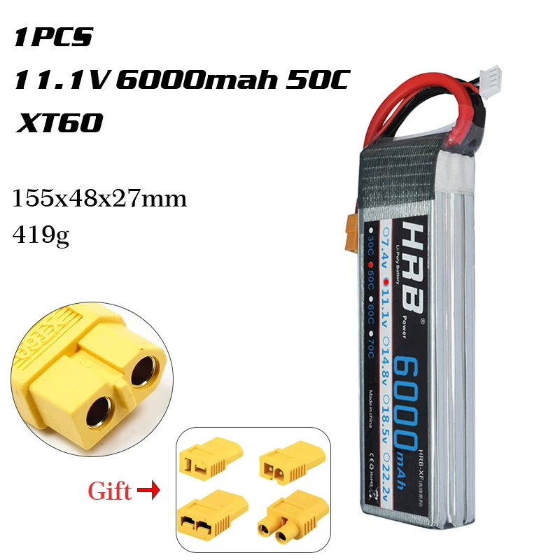 HRB 2S 3S 4S 5S 6S Lipo Батарея 1300 1500 мАч 2200 мАч 2700 мАч 5000 мАч 3300 6000 мА/ч, XT60 T EC5 EC2 7,4 V 11,1 V 14,8 V 22,2 V RC Запчасти - Цвет: 3S 6000mah 50C XT60