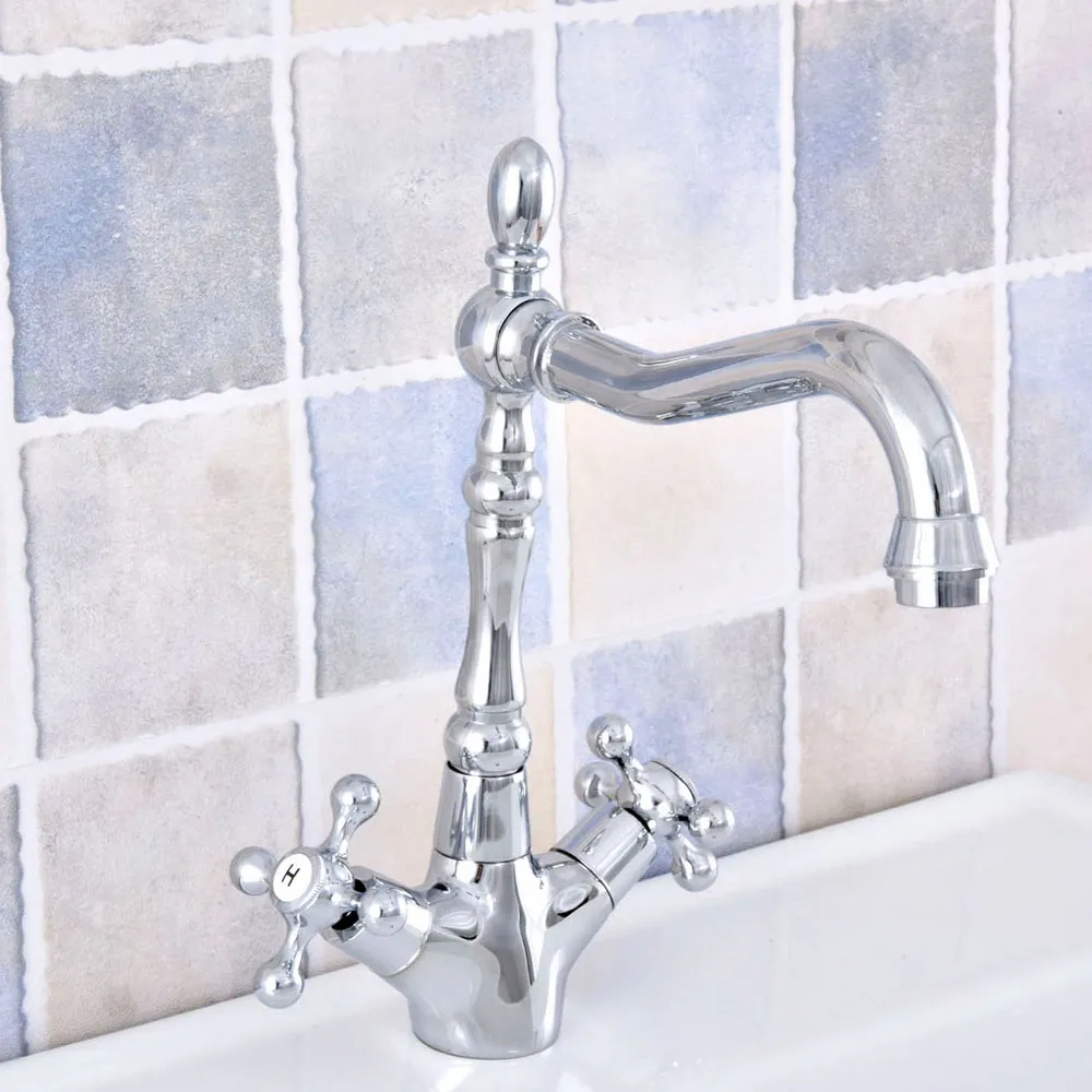 

Polished Chrome Basin Faucet Double Handle Bathroom Kitchen Faucet Swivel Spout Vessel Sink Mixer Tap Deck Mounted Nsf658