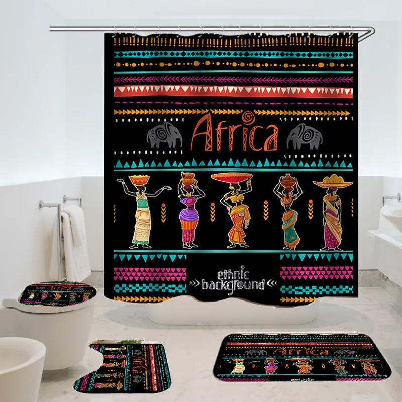 

Dafield African Woman Shower Curtain Set Creative Colorful Printing Toilet Pad Cover Bath Mat Shower Curtain Set for Bathroom