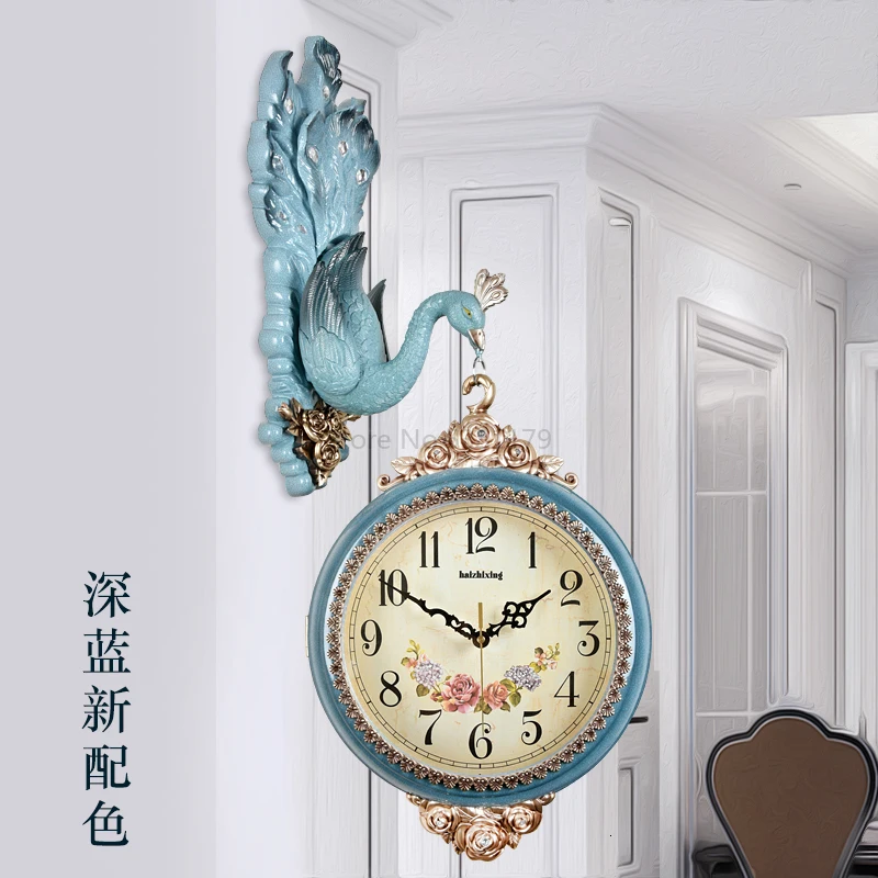 European Wall Clock Double-sided Watch Clock Living Room Clocks Creative Personality Peacock Decoration Artist with Silent Clock - Цвет: Светло-желтый