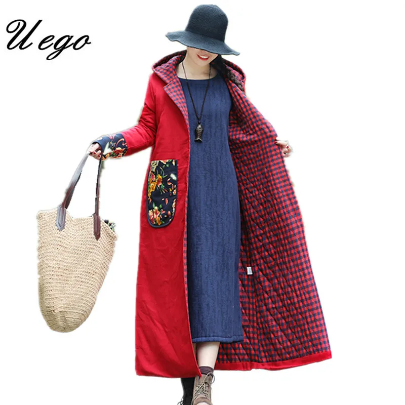 

Uego Cotton Linen Patchwork Padding Cotton Thicken Warn Winter Coats Hooded Vintage Long Women Coats 2019 New Casual Winter Coat