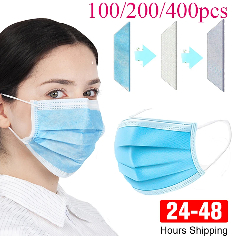

400/200/100/50pcs Non Woven Disposable Respirator Hygiene Face Mask 3 Layer Earloop Activated Carbon Anti-Dust Proof Mouth Masks