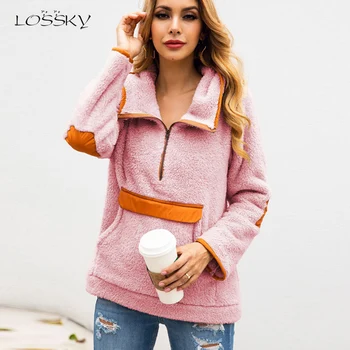 

Lossky Women Hoodie Sweatshirt Teddy Pullovers Female Autumn Pink leisure Warm Top Clothing 2019 Winter