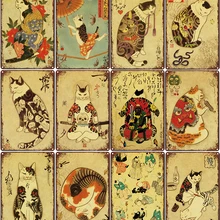 Винтажный Японский самурайский Кот тату металлические знаки настенный плакат доска мотор Фреска картина антикварная винтажная Бар Паб Декор