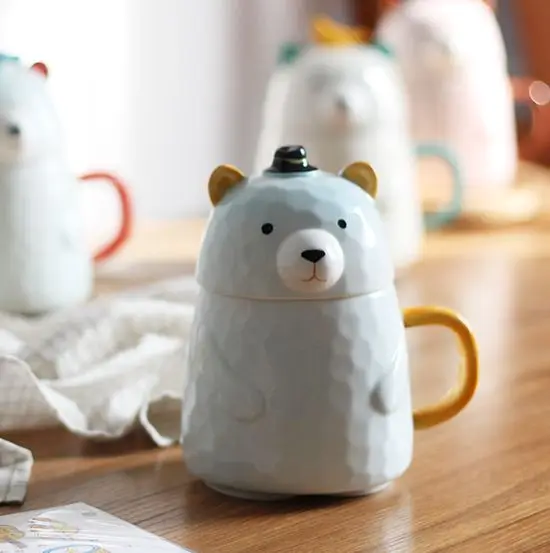 cute bear ceramic cup with cover cartoon big belly office coffee mug gift