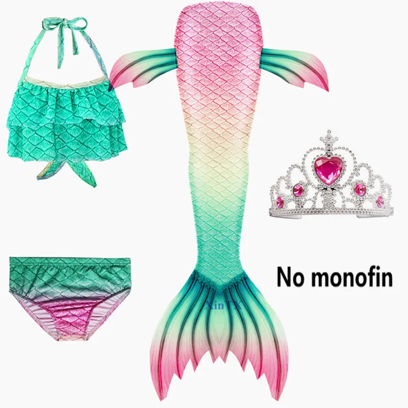 4pcs No Monofin Детский купальный костюм с хвостом Русалочки Ариэль; костюм Русалочки для девочек; костюм с короной - Цвет: 4pcs No Monofin