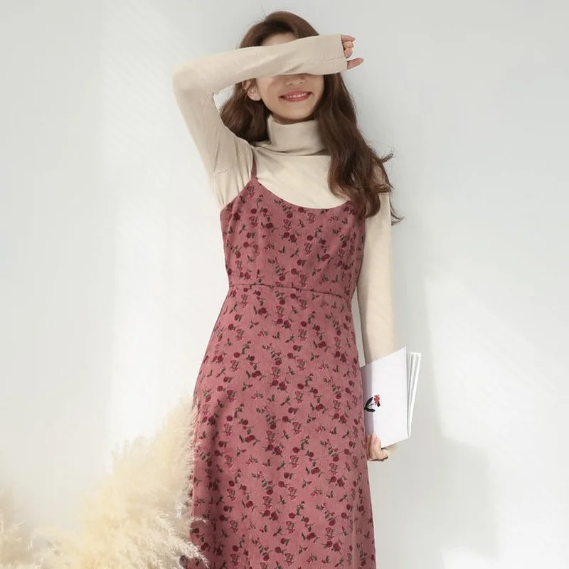 Dress Women Sleeveless Simple Vintage Floral Sexy Casual Cute Summer Corduroy Soft Lovely Fashion Popular Retro Ulzzang Vestido