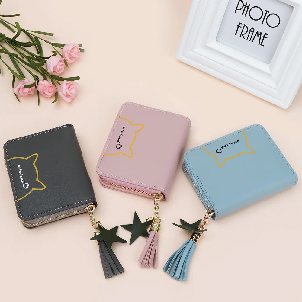 

Brand Women Girl Teenagers Cute Cartoon Cat Coin Purses Holders Leather Clutch Wallet Female Tassel Pendant Money Wallets