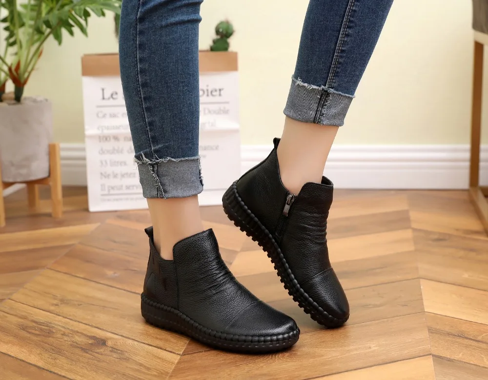 RUSHIMAN/женские ботильоны; обувь из натуральной кожи; ботинки на плоской подошве с круглым носком ручной работы; женские черные ботинки для отдыха