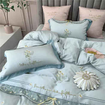 

Pastoral Style Hipster 60 Double-Sided Tencel Four-piece Set Bare Sleeping Silky Viscose Daisy Embroidered Quilt Sheet