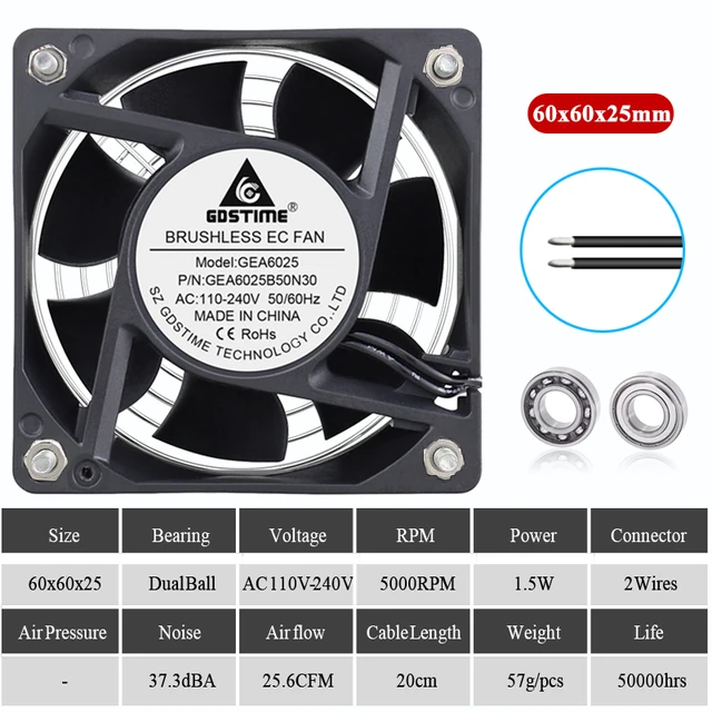 Gdstime EC Brushless Cooling Fan AC 110V 120V 220V 240V Ball Bearing Axial Fan with Srews/Grill 60MM 80MM 90MM 120MM Ball 60x60x25mm