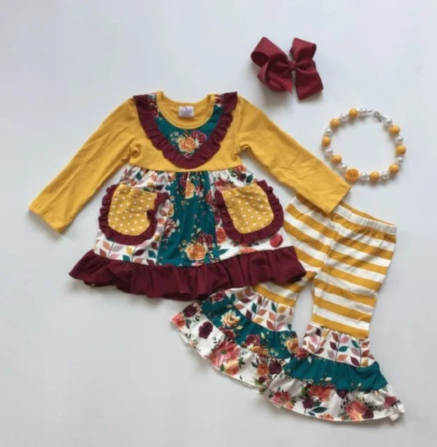 Осенне-зимняя одежда для маленьких девочек платье с цветочным рисунком для девочек, брюки-клеш, эксклюзивная одежда для маленьких детей