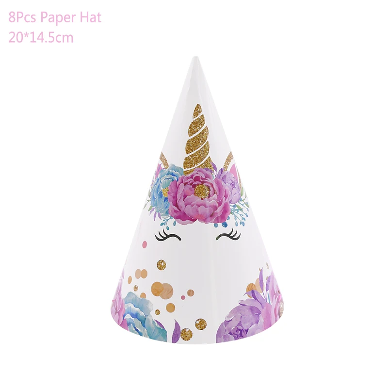 8pcs paper hat Одноразовая посуда с единорогом, вечерние принадлежности с единорогом, бумажные тарелки, салфетки для стаканчиков, украшения для вечеринки в честь Дня Рождения - Цвет: 8pcs paper hat