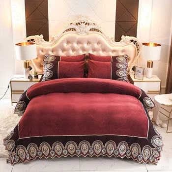 

Luxury Red Purple Green Gray Blue Winter Velvet European Palace Lace Bedding Set Fleece Fabric Duvet Cover Bed sheet Pillowcases
