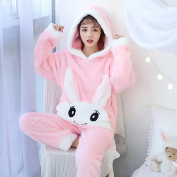 

Women Winter Pajamas Sets Cute Night Suit Flannel Nightwear Thick Sleepwear Female Cartoon Homewear Coral Velvet Home Clothing