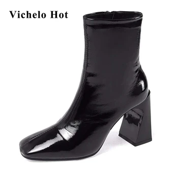 

Vichelo Hot square toe super high heel catwalk mature western boots solid classic office lady daily wear brand ankle boots L23