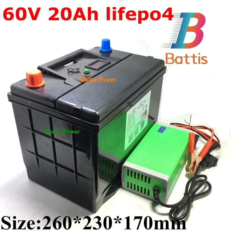 Водонепроницаемый 60 в 20ah lifepo4 аккумулятор с BMS no li ion для 3000 Вт Электрический велосипед Скутер трехколесный велосипед+ 5A зарядное устройство