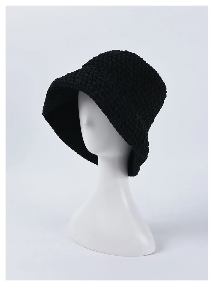 Фибоначчи, новинка, вязанные шапки-ведро, одноцветная плоская шляпа Боба для женщин и мужчин, Повседневная Панама, грубые линии, осенне-зимняя шапка - Цвет: Черный