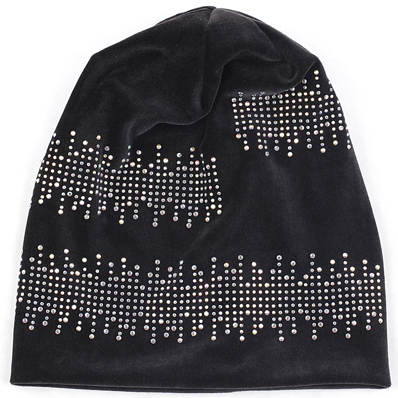 black Charm Wood Beanie шапка, волнистые стразы, пуловер, шапка для взрослых, шапка с черепом для женщин и девочек, зимняя теплая шапка - Цвет: black