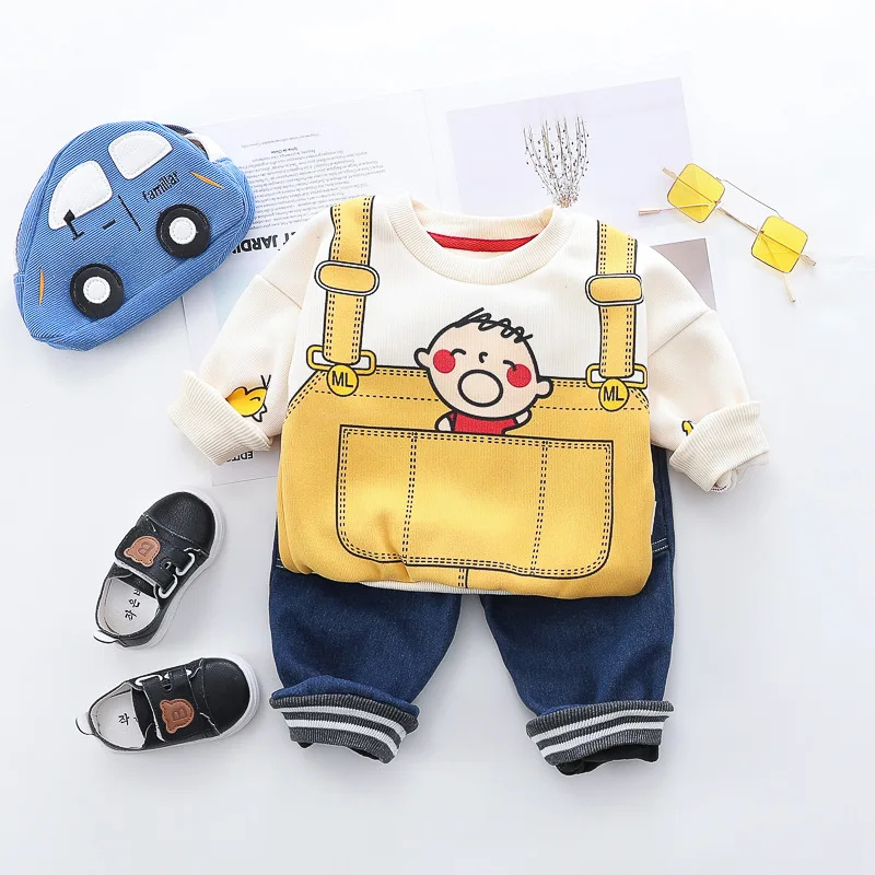 Зимний комплект одежды для мальчиков и девочек от 0 до 4 лет, г., повседневный теплый милый детский костюм с героями мультфильмов детская одежда толстовки+ штаны, 2 предмета - Цвет: Цвет: желтый