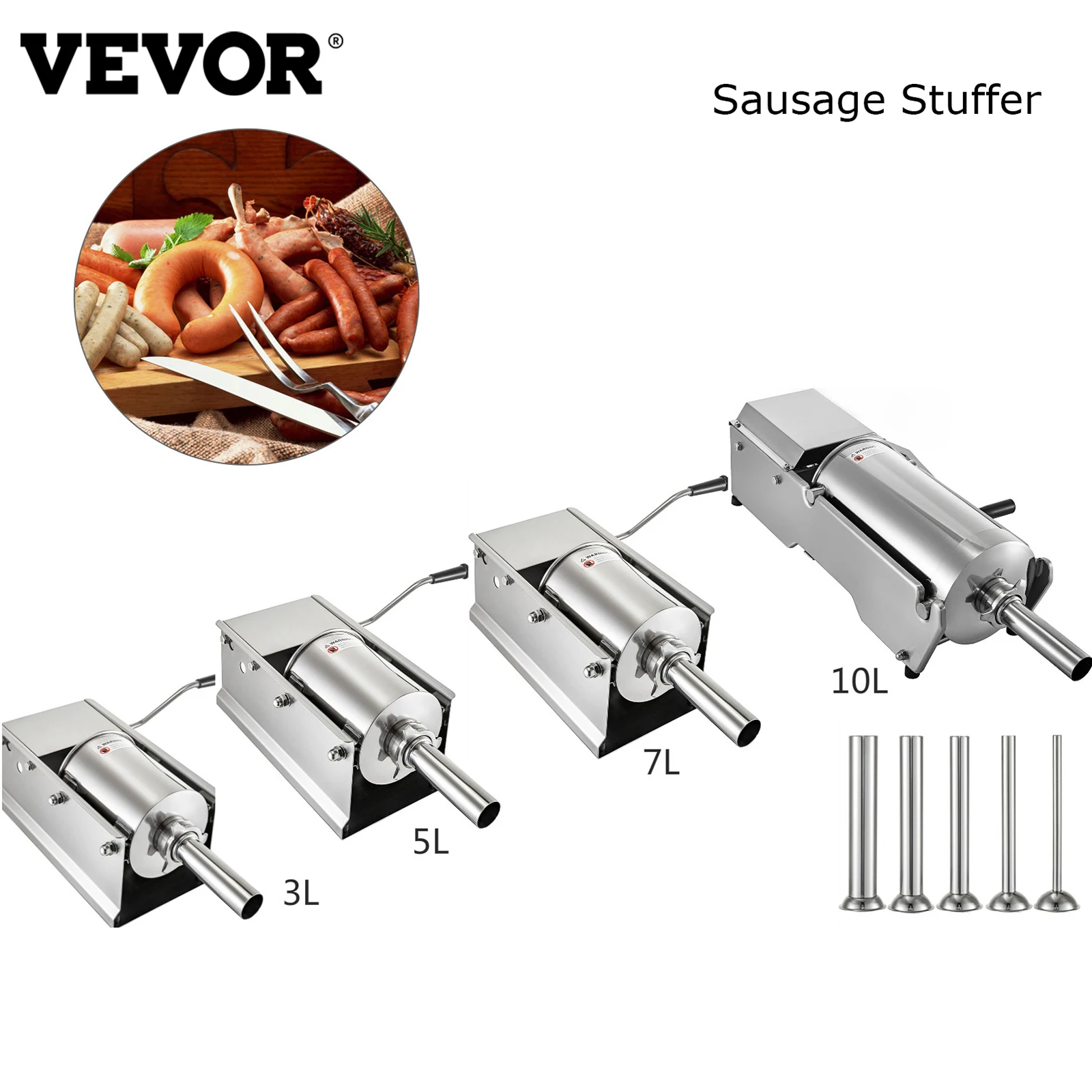 VEVOR 3L 5L 7L 7.8L Horizontal Sausage Stuffer Food Processors 5 Filling Nozzles Kitchen Accessories Home Appliance for Hot Dog