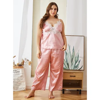 

Plus size home service fat lady plus size simulation silk nightdress loose mid-length pajamas plus size lace home service