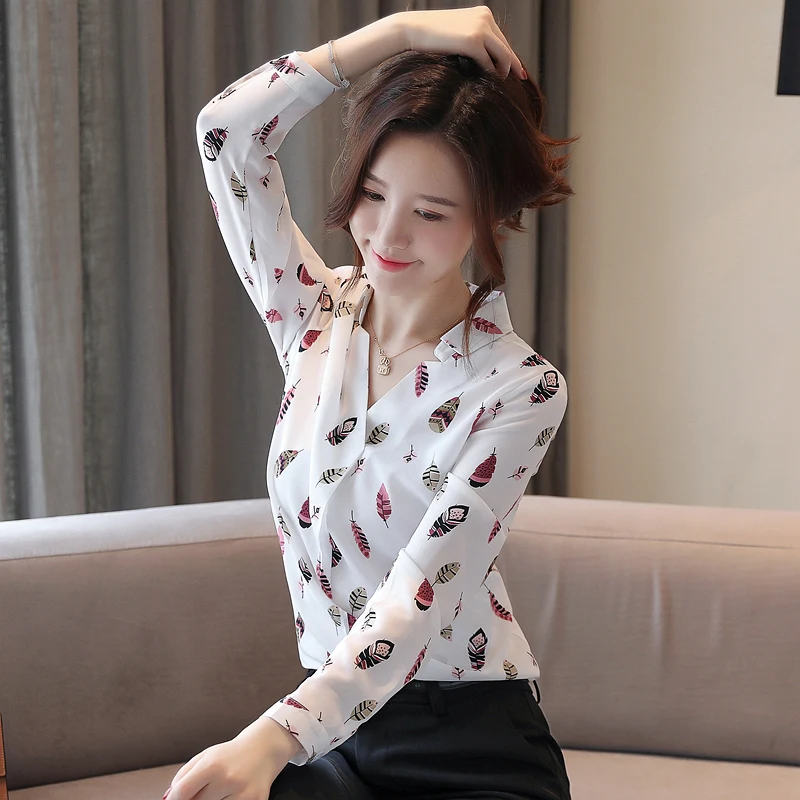 blusas mujer de moda long sleeve print V-neck chiffon shirt women shirts Office Lady blouse womens tops and blouses 5709 50