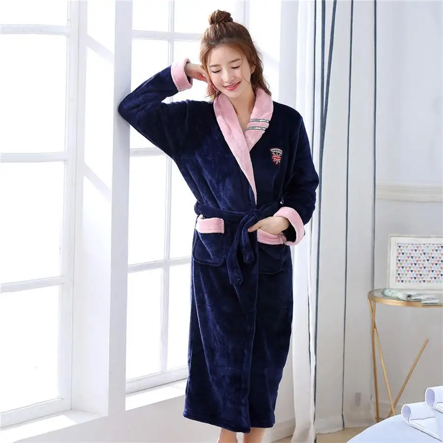 Ночное белье повседневное Фланелевое женское Халат коралловый флис теплое зимнее кимоно платье пижамы Толстая Домашняя одежда Карманный ремень пижамы - Color: Navy Blue A