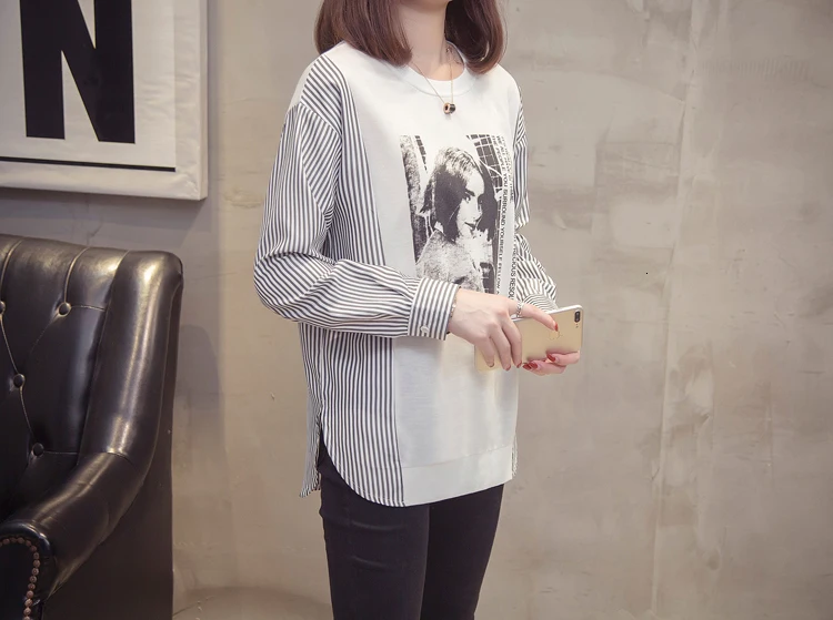 Plus Size Striped Patchwork Tops T-shirt Women Autumn Casual Loose Graphic Tee Shirt Oversized Long Sleeve Korean Tunics