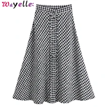 Женские юбки миди в ломаную клетку,, Зимняя мода, плиссированные юбки, женские элегантные юбки до колена на пуговицах, женские длинные юбки