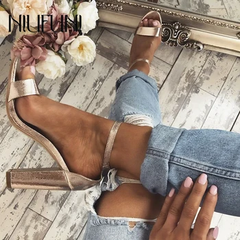 

NIUFUNI Gold Women's Sandals Peep Toe Plus Size 35-42 High Heels Fashion Buckle Shoes For Women Sandalias mujer Summer Footwear