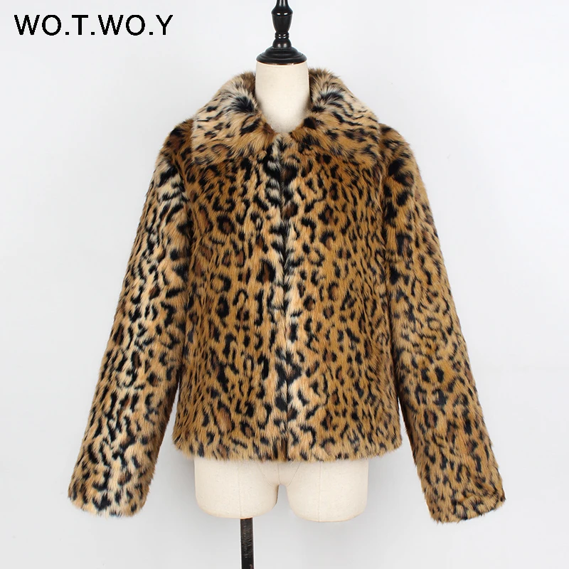 WOTWOY леопардовое Женское пальто из искусственного меха осень зима отложной воротник толстое открытое swtich Женское пальто уличная женская верхняя одежда