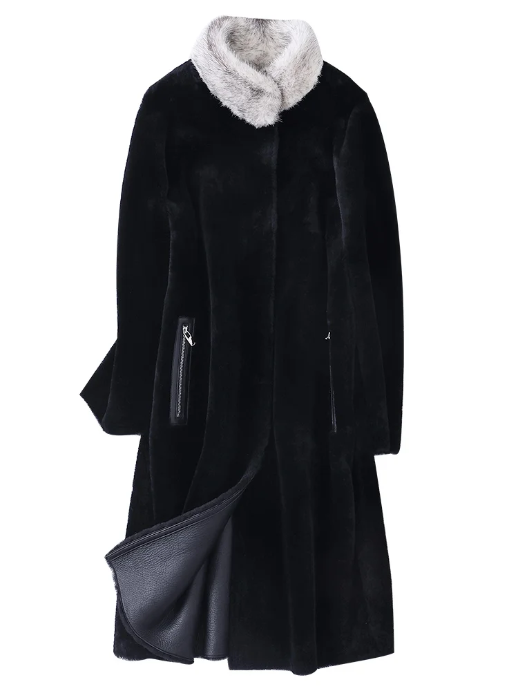 Natural Real Fur Coat Female Genuine Leather Jacket Mink Fur Collar Wool Jacket Winter Sheepskin Coat Women Clothes